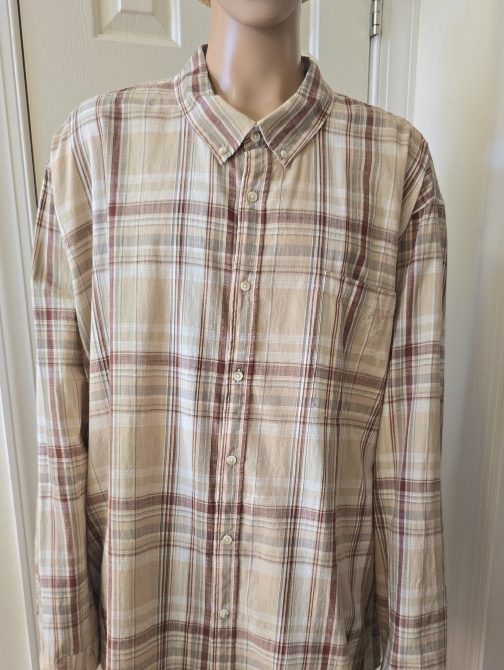 MUTUAL WEAVE BRAND MEN'S BIG & TALL TAN & WHITE PLAID LONG SLEEVES SHIRT 5XL